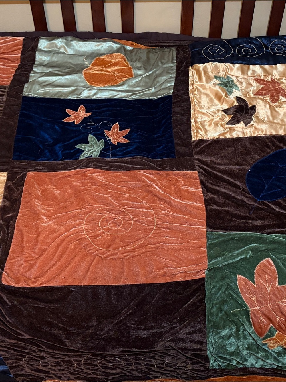 Patchwork Velvet Leaf Comforter in Rust, Navy & Teal